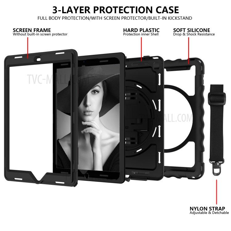 360° Swivel Handy Strap Kickstand PC Silicone Tablet Case with Shoulder Strap for iPad 9.7-inch (2018)/(2017) - All Black-4