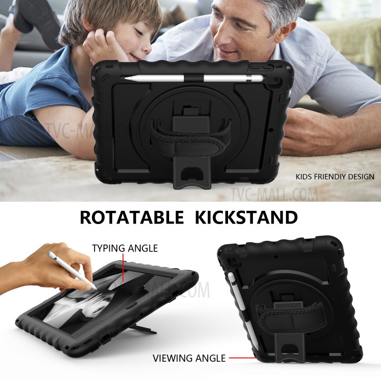 360° Swivel Handy Strap Kickstand PC Silicone Tablet Case with Shoulder Strap for iPad 9.7-inch (2018)/(2017) - All Black-6