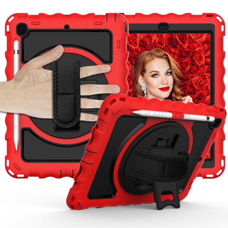 360° Swivel Handy Strap Kickstand PC Silicone Tablet Case with Shoulder Strap for iPad 9.7-inch (2018)/(2017) - Red Frame/Black-1
