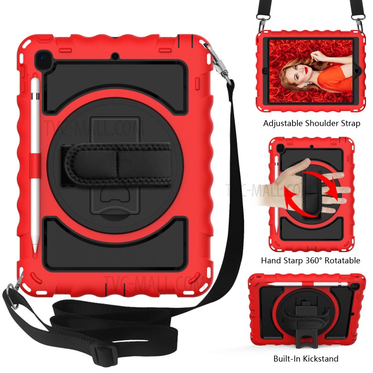 360° Swivel Handy Strap Kickstand PC Silicone Tablet Case with Shoulder Strap for iPad 9.7-inch (2018)/(2017) - Red Frame/Black-2