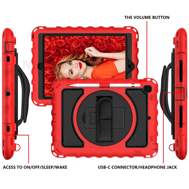 360° Swivel Handy Strap Kickstand PC Silicone Tablet Case with Shoulder Strap for iPad 9.7-inch (2018)/(2017) - Red Frame/Black-3