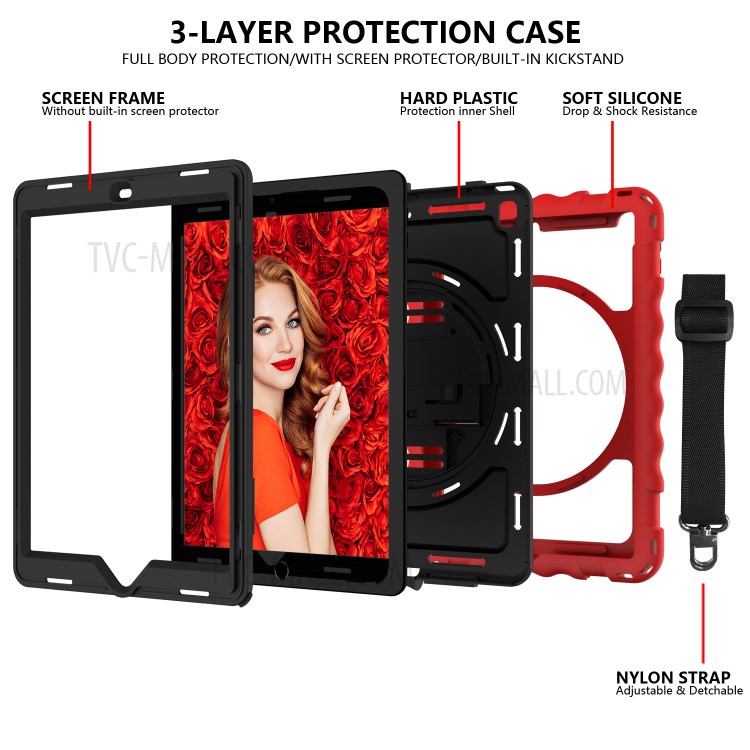 360° Swivel Handy Strap Kickstand PC Silicone Tablet Case with Shoulder Strap for iPad 9.7-inch (2018)/(2017) - Red Frame/Black-4