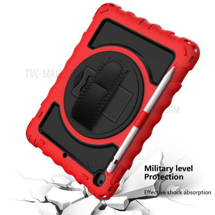 360° Swivel Handy Strap Kickstand PC Silicone Tablet Case with Shoulder Strap for iPad 9.7-inch (2018)/(2017) - Red Frame/Black-5