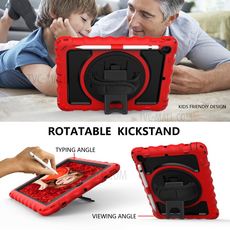 360° Swivel Handy Strap Kickstand PC Silicone Tablet Case with Shoulder Strap for iPad 9.7-inch (2018)/(2017) - Red Frame/Black-6
