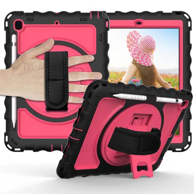 360° Swivel Handy Strap Kickstand PC Silicone Tablet Case with Shoulder Strap for iPad 9.7-inch (2018)/(2017) - Black Frame/Red-1