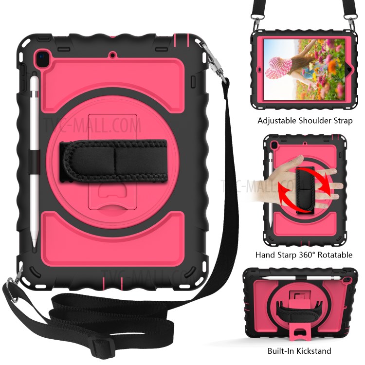 360° Swivel Handy Strap Kickstand PC Silicone Tablet Case with Shoulder Strap for iPad 9.7-inch (2018)/(2017) - Black Frame/Red-2