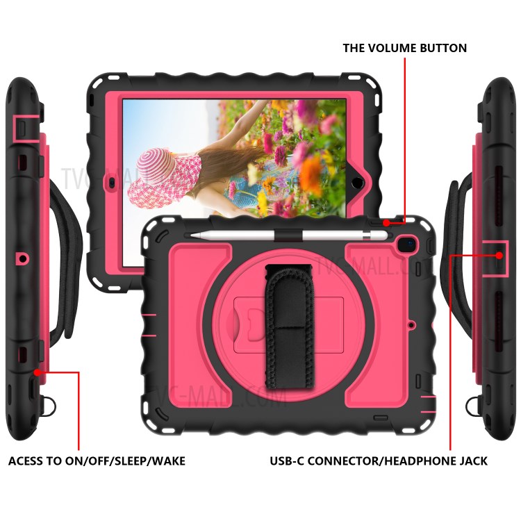 360° Swivel Handy Strap Kickstand PC Silicone Tablet Case with Shoulder Strap for iPad 9.7-inch (2018)/(2017) - Black Frame/Red-3