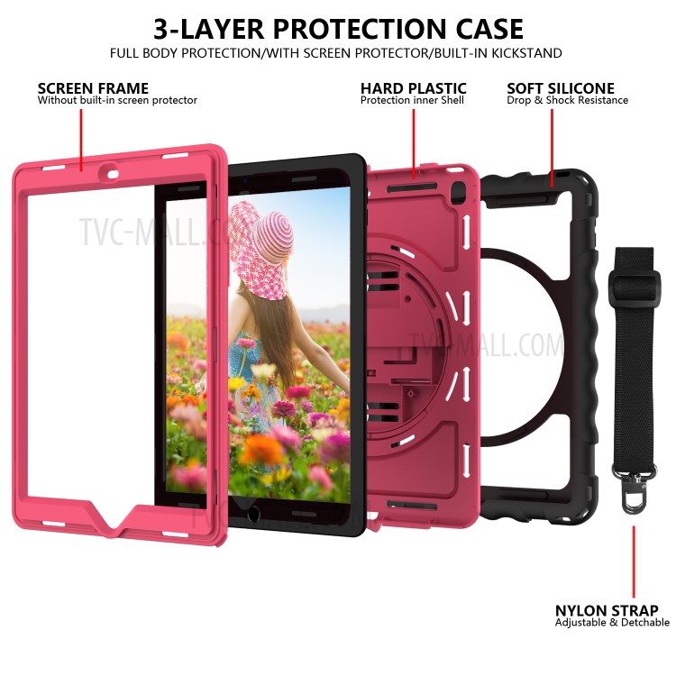 360° Swivel Handy Strap Kickstand PC Silicone Tablet Case with Shoulder Strap for iPad 9.7-inch (2018)/(2017) - Black Frame/Red-4