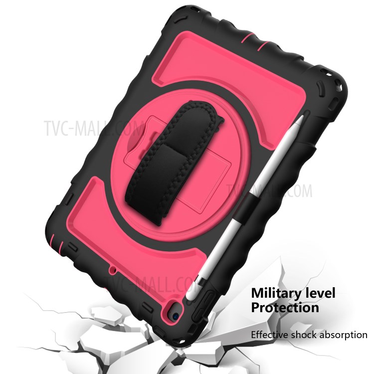 360° Swivel Handy Strap Kickstand PC Silicone Tablet Case with Shoulder Strap for iPad 9.7-inch (2018)/(2017) - Black Frame/Red-5