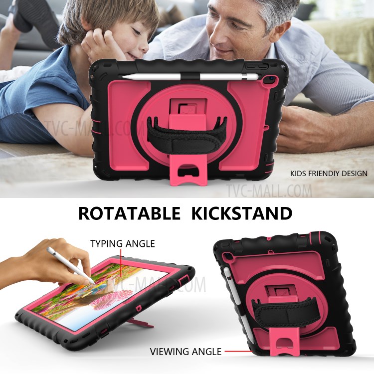 360° Swivel Handy Strap Kickstand PC Silicone Tablet Case with Shoulder Strap for iPad 9.7-inch (2018)/(2017) - Black Frame/Red-6