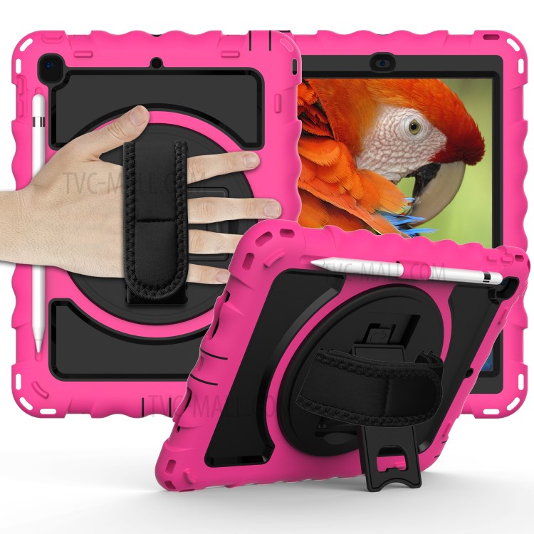 360° Swivel Handy Strap Kickstand PC Silicone Tablet Case with Shoulder Strap for iPad 9.7-inch (2018)/(2017) - Rose Frame/Black-1