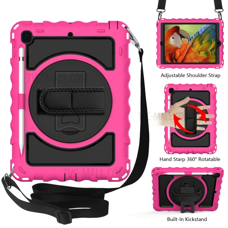 360° Swivel Handy Strap Kickstand PC Silicone Tablet Case with Shoulder Strap for iPad 9.7-inch (2018)/(2017) - Rose Frame/Black-2