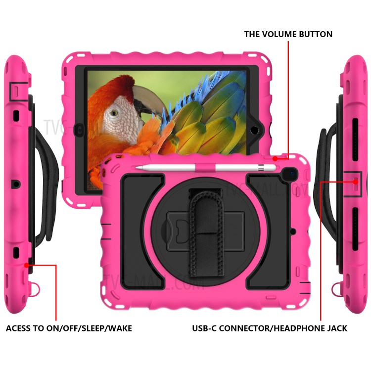 360° Swivel Handy Strap Kickstand PC Silicone Tablet Case with Shoulder Strap for iPad 9.7-inch (2018)/(2017) - Rose Frame/Black-3