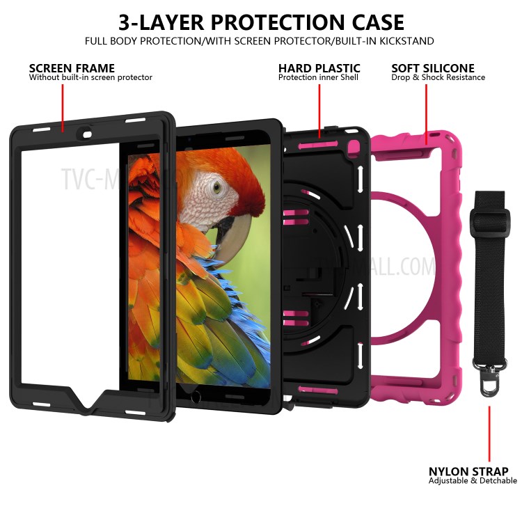 360° Swivel Handy Strap Kickstand PC Silicone Tablet Case with Shoulder Strap for iPad 9.7-inch (2018)/(2017) - Rose Frame/Black-4