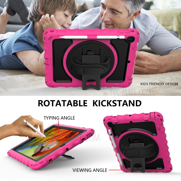 360° Swivel Handy Strap Kickstand PC Silicone Tablet Case with Shoulder Strap for iPad 9.7-inch (2018)/(2017) - Rose Frame/Black-6