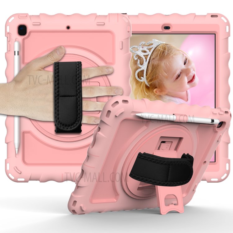 360° Swivel Handy Strap Kickstand PC Silicone Tablet Case with Shoulder Strap for iPad 9.7-inch (2018)/(2017) - Pink-1