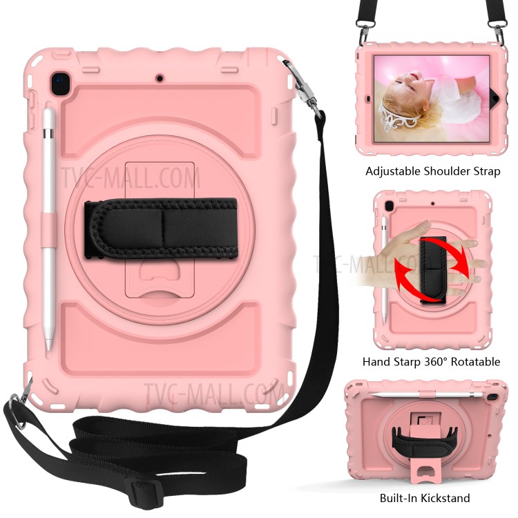 360° Swivel Handy Strap Kickstand PC Silicone Tablet Case with Shoulder Strap for iPad 9.7-inch (2018)/(2017) - Pink-2