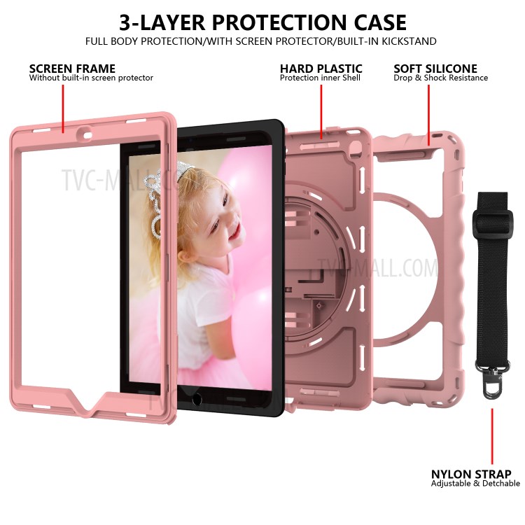360° Swivel Handy Strap Kickstand PC Silicone Tablet Case with Shoulder Strap for iPad 9.7-inch (2018)/(2017) - Pink-4