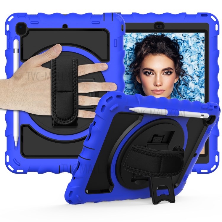 360° Swivel Handy Strap Kickstand PC Silicone Tablet Case with Shoulder Strap for iPad 9.7-inch (2018)/(2017) - Blue Frame/Black-1