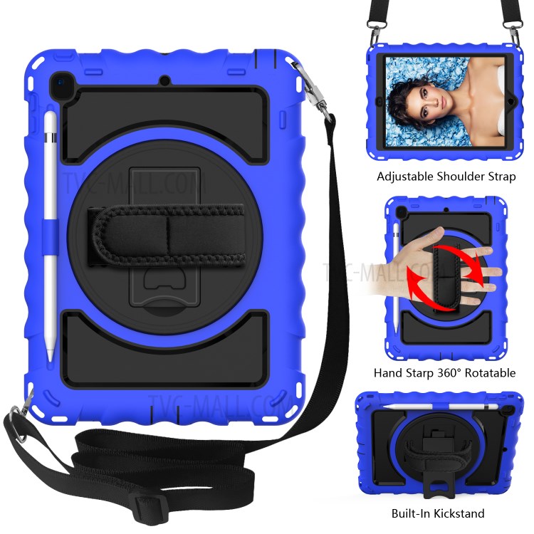 360° Swivel Handy Strap Kickstand PC Silicone Tablet Case with Shoulder Strap for iPad 9.7-inch (2018)/(2017) - Blue Frame/Black-2
