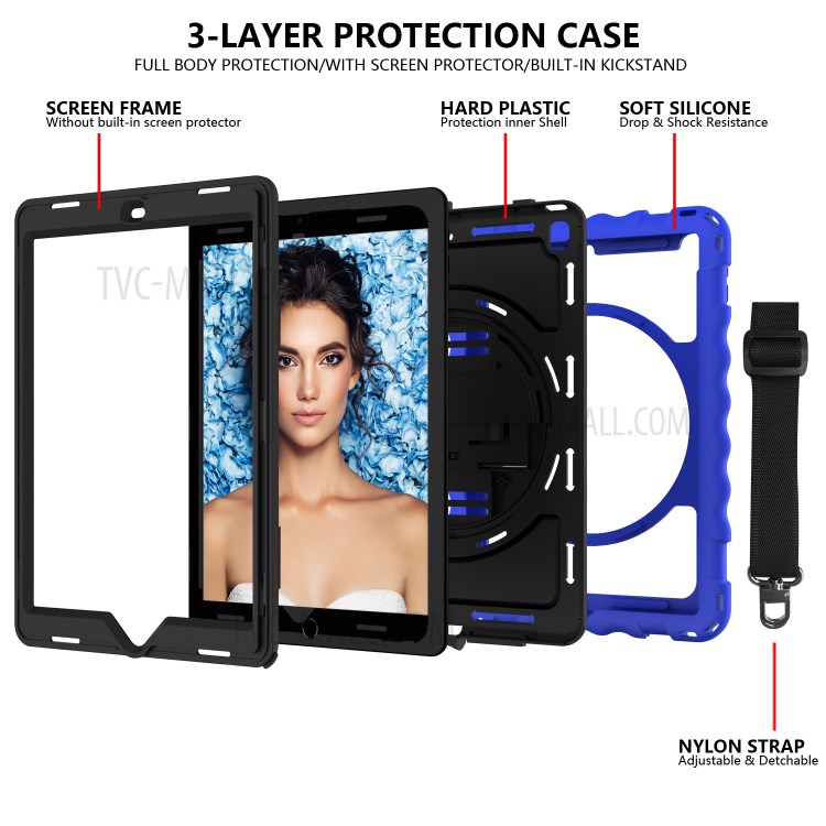 360° Swivel Handy Strap Kickstand PC Silicone Tablet Case with Shoulder Strap for iPad 9.7-inch (2018)/(2017) - Blue Frame/Black-4