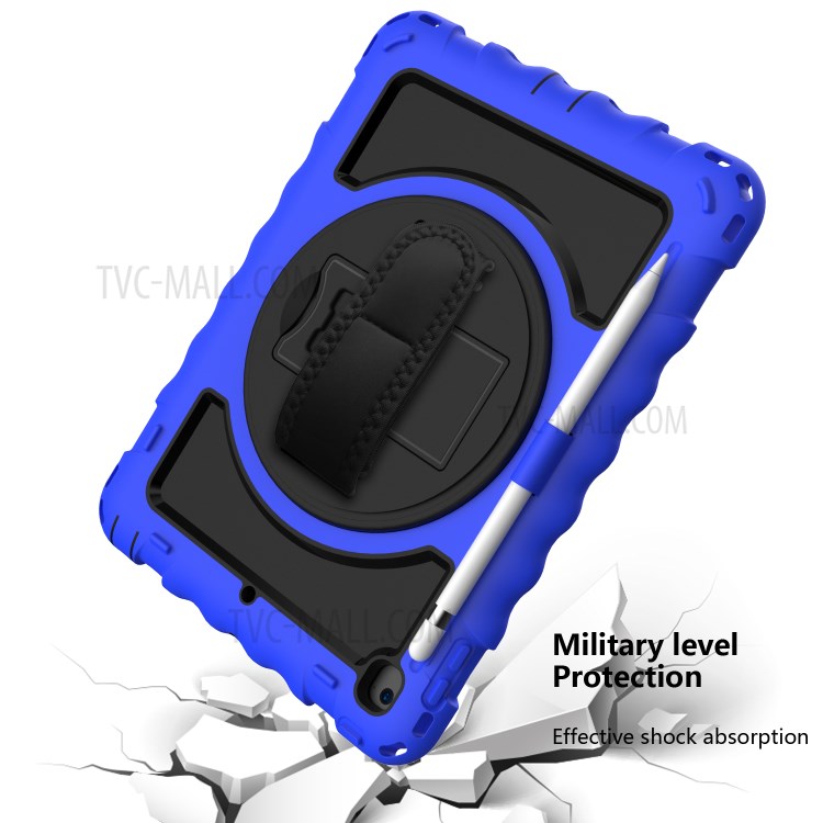360° Swivel Handy Strap Kickstand PC Silicone Tablet Case with Shoulder Strap for iPad 9.7-inch (2018)/(2017) - Blue Frame/Black-5