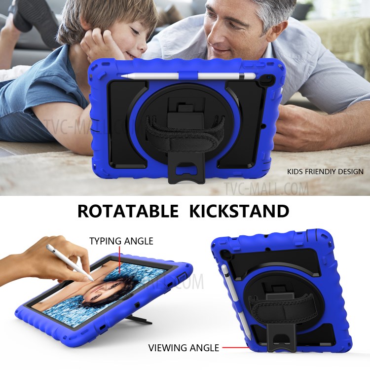 360° Swivel Handy Strap Kickstand PC Silicone Tablet Case with Shoulder Strap for iPad 9.7-inch (2018)/(2017) - Blue Frame/Black-6