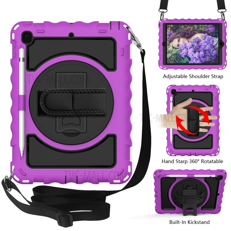 360° Swivel Handy Strap Kickstand PC Silicone Tablet Case with Shoulder Strap for iPad 9.7-inch (2018)/(2017) - Purple Frame/Black-2