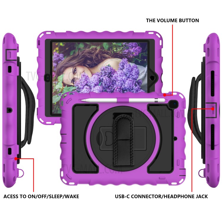 360° Swivel Handy Strap Kickstand PC Silicone Tablet Case with Shoulder Strap for iPad 9.7-inch (2018)/(2017) - Purple Frame/Black-3