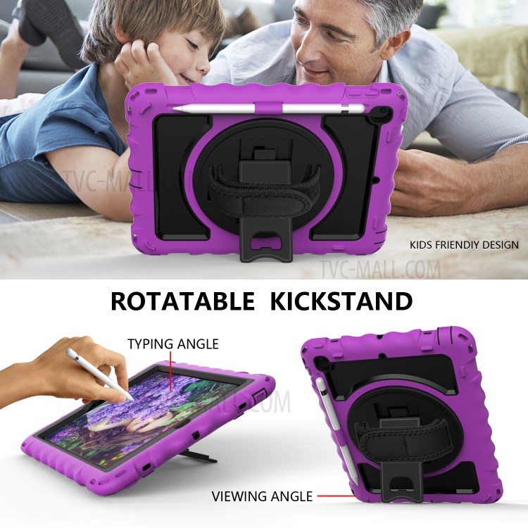 360° Swivel Handy Strap Kickstand PC Silicone Tablet Case with Shoulder Strap for iPad 9.7-inch (2018)/(2017) - Purple Frame/Black-6