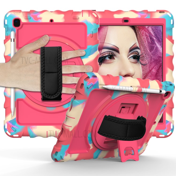 360° Swivel Handy Strap Kickstand PC Silicone Tablet Case with Shoulder Strap for iPad 9.7-inch (2018)/(2017) - Camouflage Frame/Red-1
