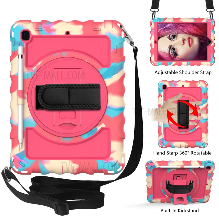 360° Swivel Handy Strap Kickstand PC Silicone Tablet Case with Shoulder Strap for iPad 9.7-inch (2018)/(2017) - Camouflage Frame/Red-2