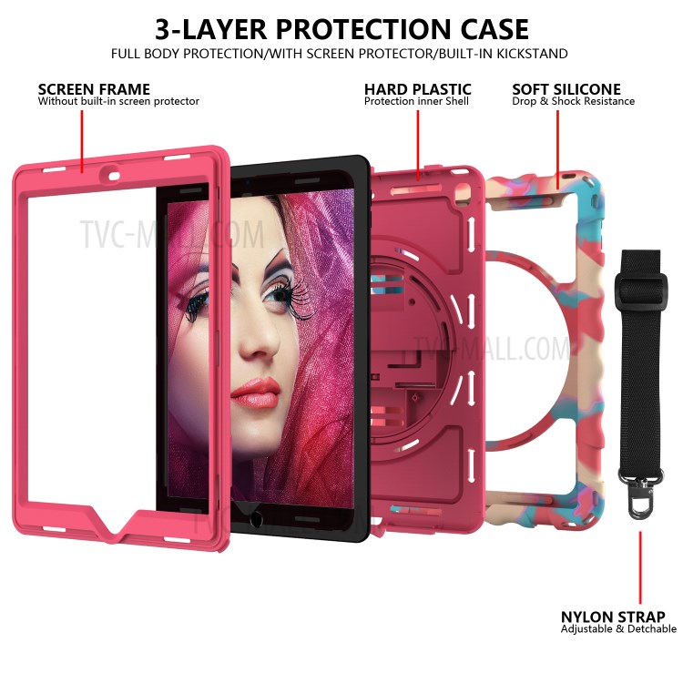 360° Swivel Handy Strap Kickstand PC Silicone Tablet Case with Shoulder Strap for iPad 9.7-inch (2018)/(2017) - Camouflage Frame/Red-4