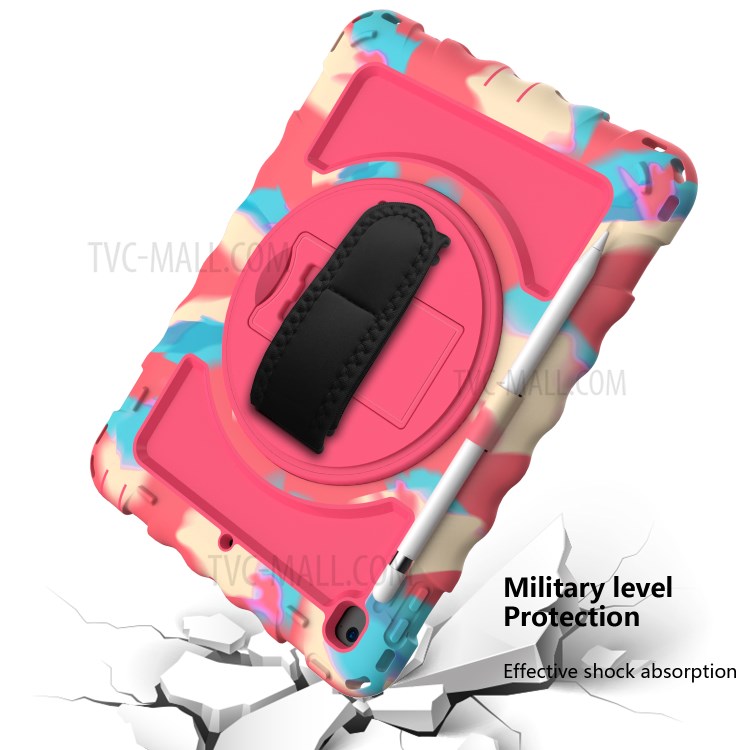 360° Swivel Handy Strap Kickstand PC Silicone Tablet Case with Shoulder Strap for iPad 9.7-inch (2018)/(2017) - Camouflage Frame/Red-5