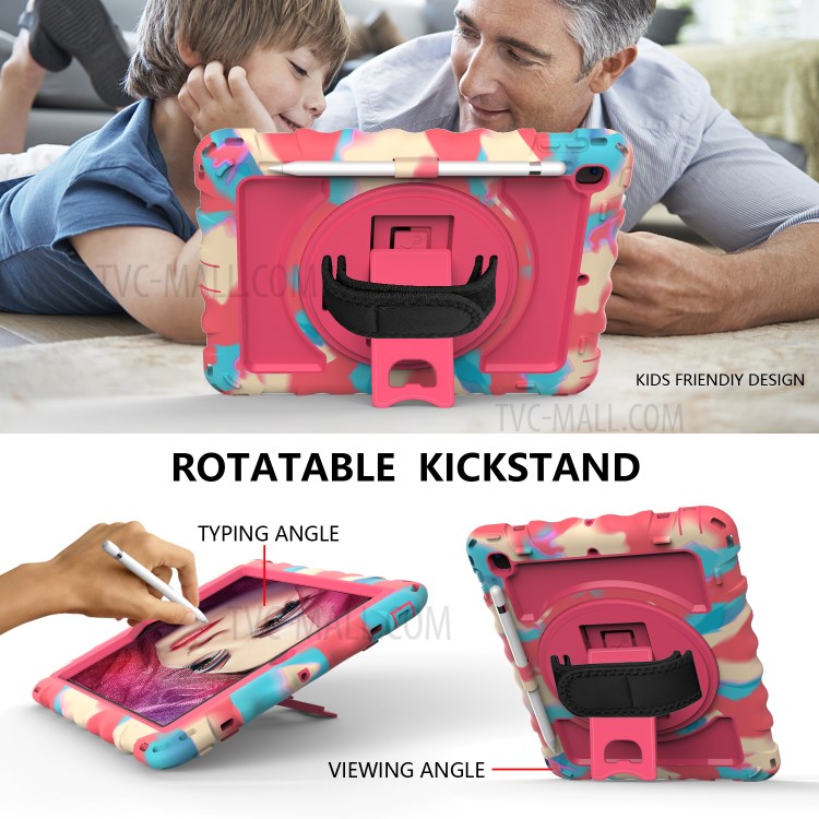 360° Swivel Handy Strap Kickstand PC Silicone Tablet Case with Shoulder Strap for iPad 9.7-inch (2018)/(2017) - Camouflage Frame/Red-6