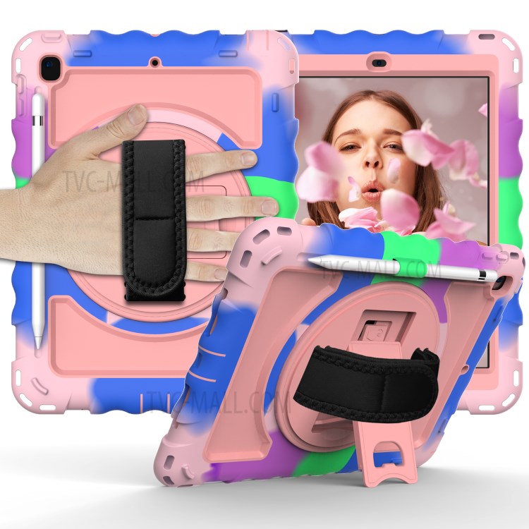 360° Swivel Handy Strap Kickstand PC Silicone Tablet Case with Shoulder Strap for iPad 9.7-inch (2018)/(2017) - Camouflage Frame/Pink-1