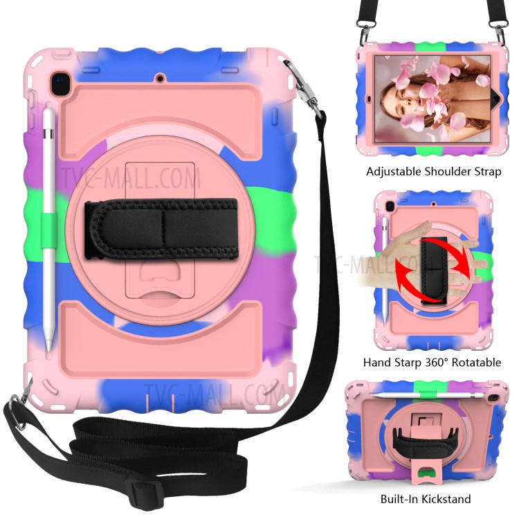 360° Swivel Handy Strap Kickstand PC Silicone Tablet Case with Shoulder Strap for iPad 9.7-inch (2018)/(2017) - Camouflage Frame/Pink-2