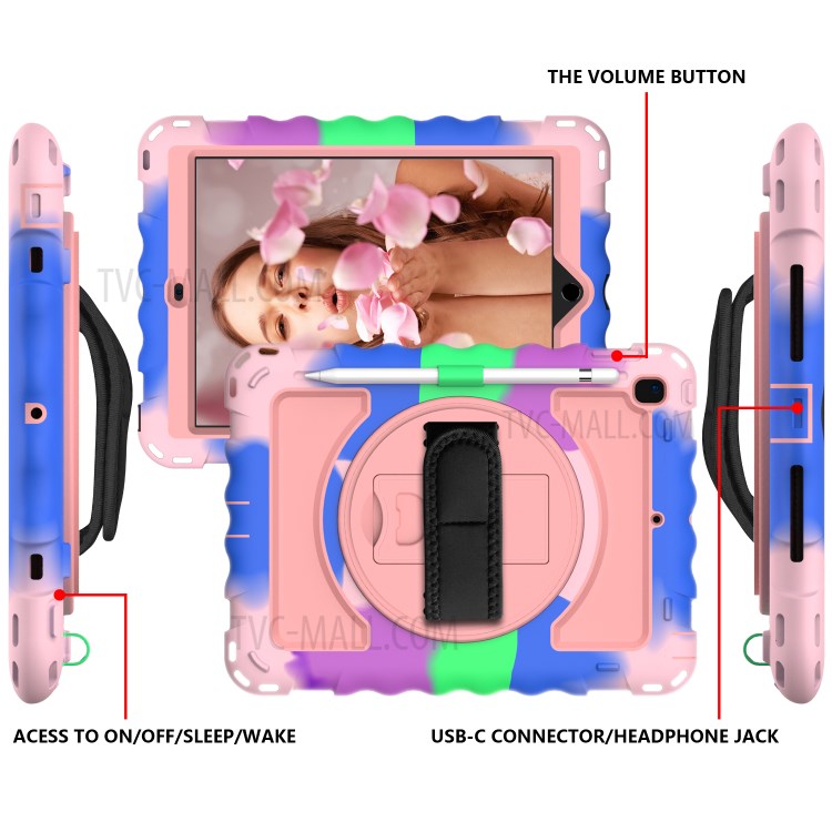 360° Swivel Handy Strap Kickstand PC Silicone Tablet Case with Shoulder Strap for iPad 9.7-inch (2018)/(2017) - Camouflage Frame/Pink-3