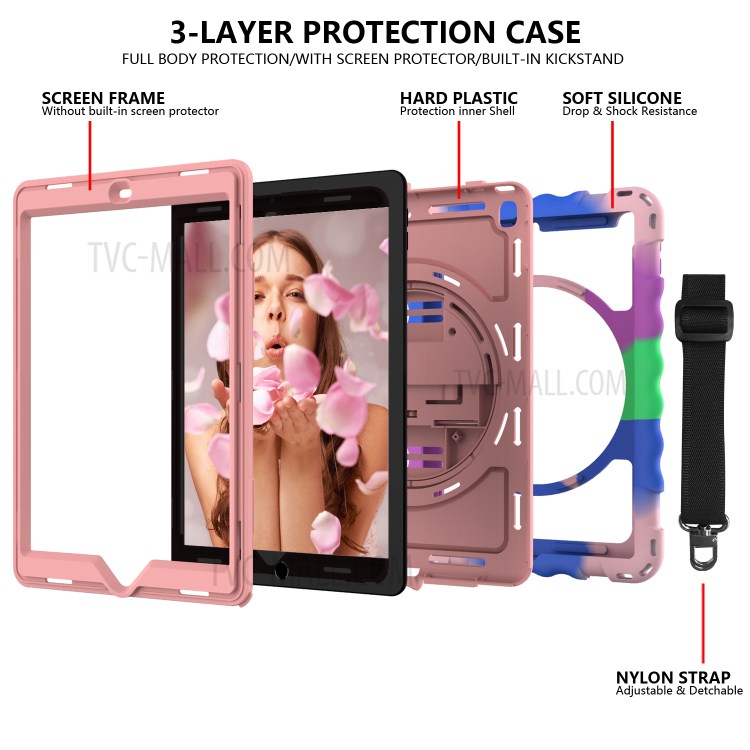 360° Swivel Handy Strap Kickstand PC Silicone Tablet Case with Shoulder Strap for iPad 9.7-inch (2018)/(2017) - Camouflage Frame/Pink-4