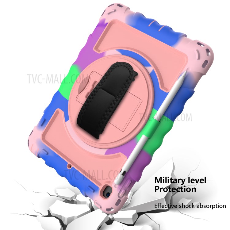360° Swivel Handy Strap Kickstand PC Silicone Tablet Case with Shoulder Strap for iPad 9.7-inch (2018)/(2017) - Camouflage Frame/Pink-5