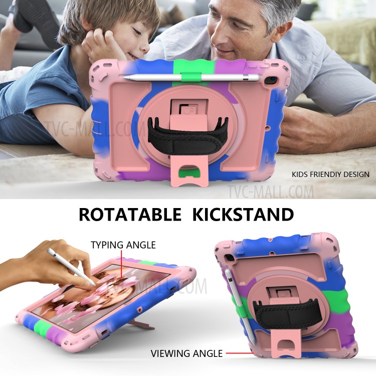 360° Swivel Handy Strap Kickstand PC Silicone Tablet Case with Shoulder Strap for iPad 9.7-inch (2018)/(2017) - Camouflage Frame/Pink-6