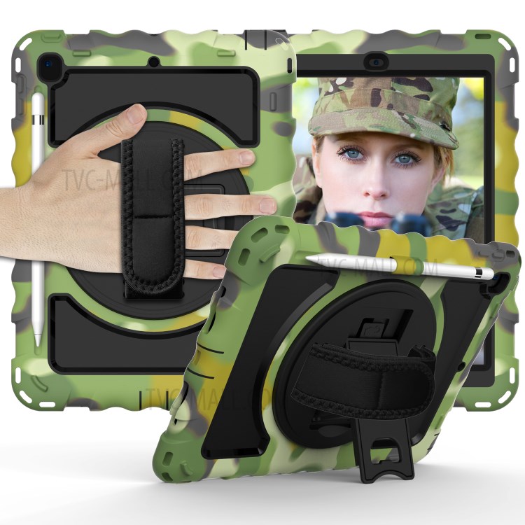 360° Swivel Handy Strap Kickstand PC Silicone Tablet Case with Shoulder Strap for iPad 9.7-inch (2018)/(2017) - Camouflage Frame/Black-1