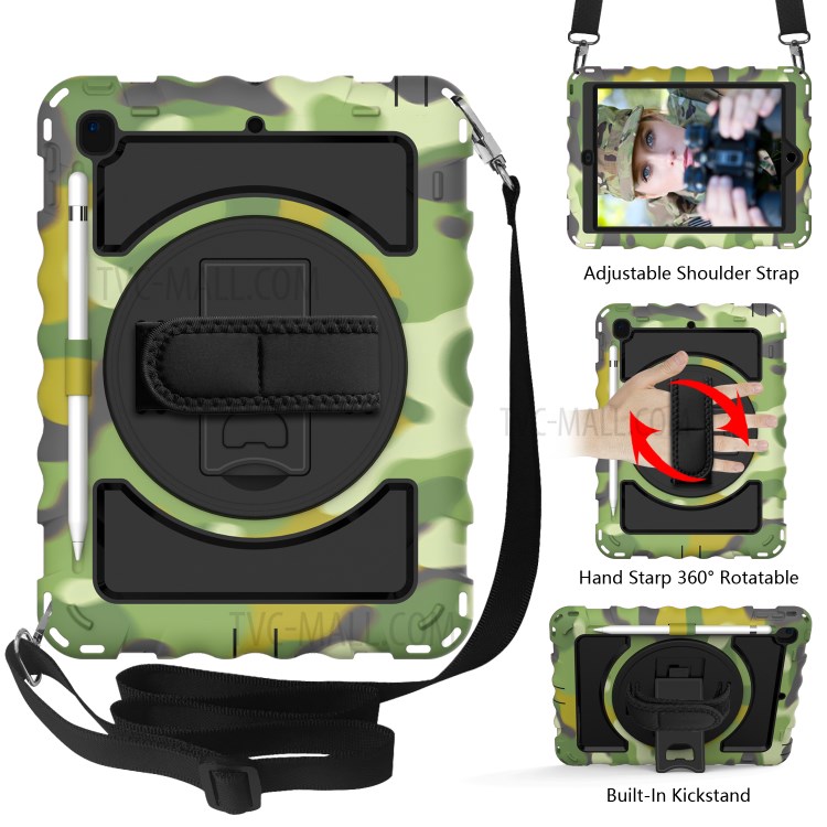 360° Swivel Handy Strap Kickstand PC Silicone Tablet Case with Shoulder Strap for iPad 9.7-inch (2018)/(2017) - Camouflage Frame/Black-2