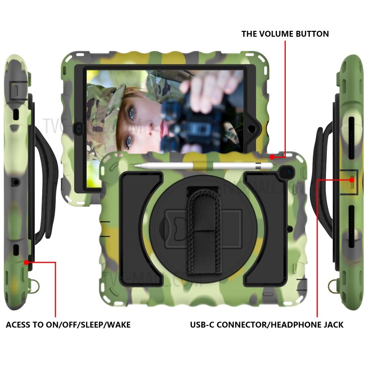 360° Swivel Handy Strap Kickstand PC Silicone Tablet Case with Shoulder Strap for iPad 9.7-inch (2018)/(2017) - Camouflage Frame/Black-3