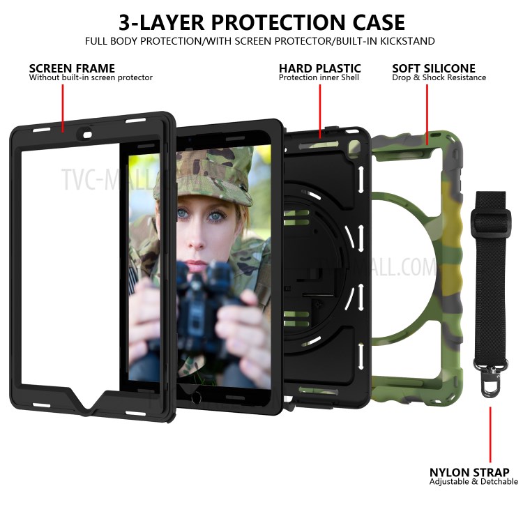 360° Swivel Handy Strap Kickstand PC Silicone Tablet Case with Shoulder Strap for iPad 9.7-inch (2018)/(2017) - Camouflage Frame/Black-4