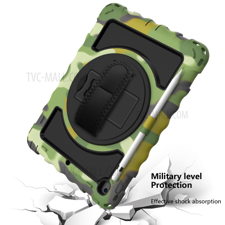 360° Swivel Handy Strap Kickstand PC Silicone Tablet Case with Shoulder Strap for iPad 9.7-inch (2018)/(2017) - Camouflage Frame/Black-5