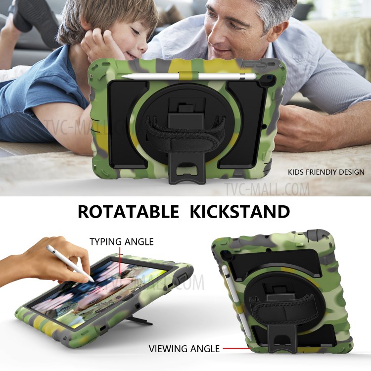360° Swivel Handy Strap Kickstand PC Silicone Tablet Case with Shoulder Strap for iPad 9.7-inch (2018)/(2017) - Camouflage Frame/Black-6
