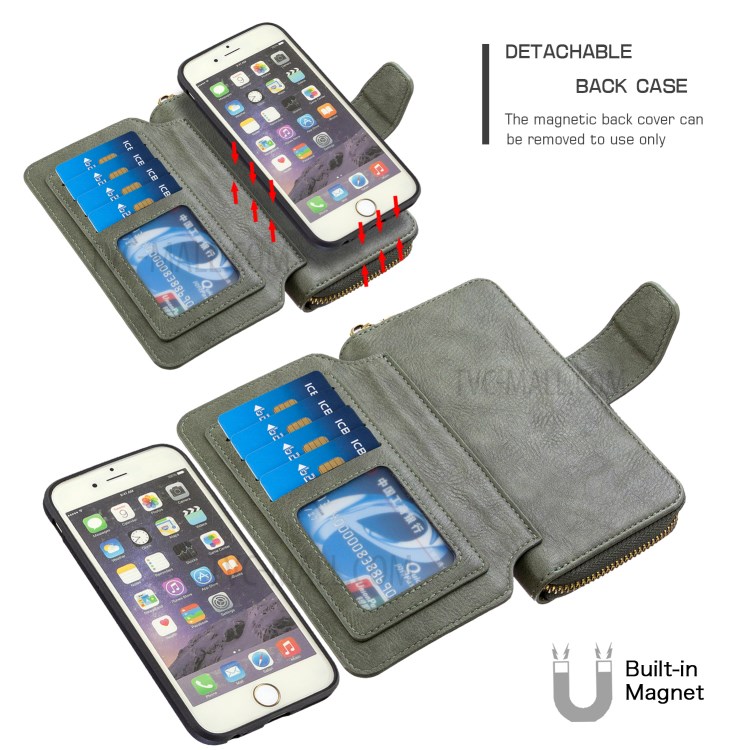 BF001 Leather Wallet Cover Anti-Gravity Zip Phone Case for iPhone 6 / 6S 4.7-inch - Green-5