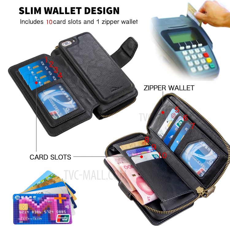 Couverture De Portefeuille En Cuir BF001 Cas Anti-gravité Téléphone Sac À Main Zip Pour Iphone 7 Plus / 8 Plus De 5,5 Pouces - Noir-5