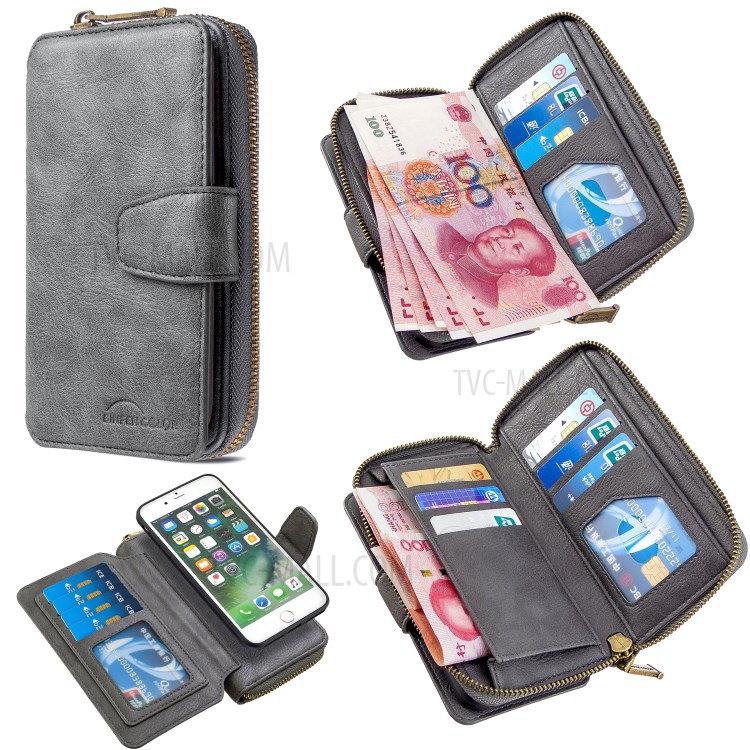 BF001 Leather Wallet Cover Anti-Gravity Zip Handbag Phone Case for iPhone 7 Plus / 8 Plus 5.5-inch - Grey-1